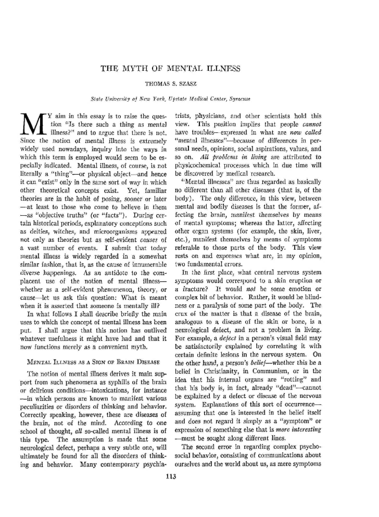 Mental Illness Myth Szasz (1961)