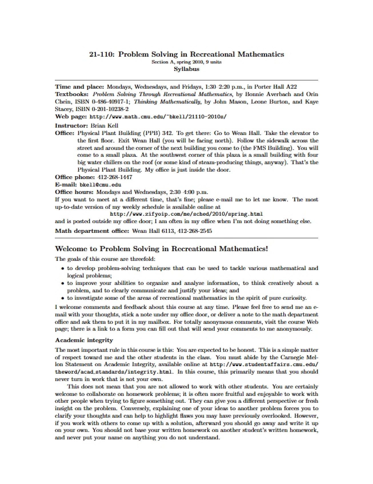 Syllabus for Recreational Math