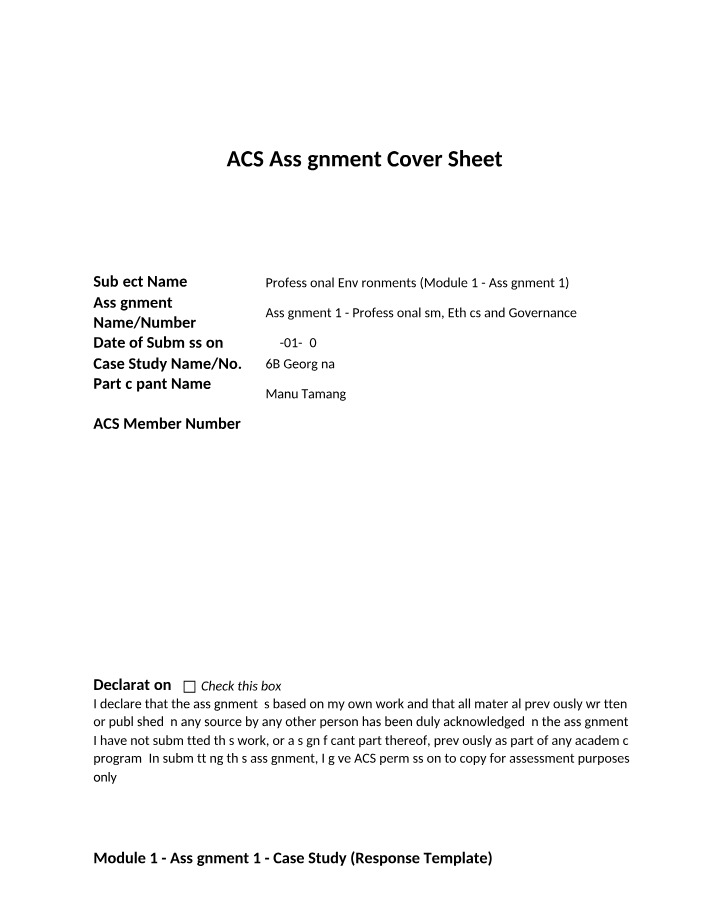 Assignment Cover Sheet - Professionalism, Ethics, and Governance