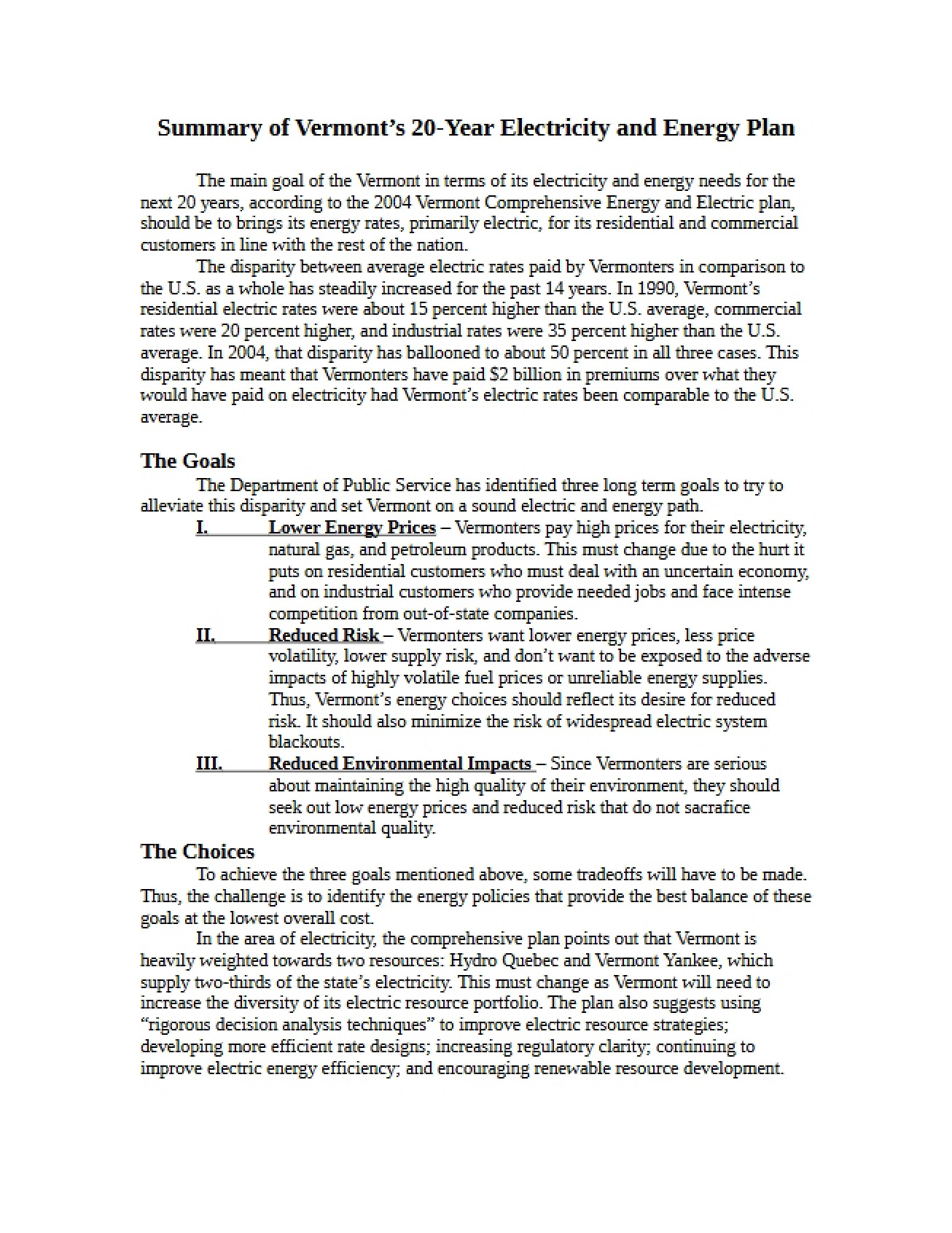 Vermont Energy and Electricity Plan 20 Year Summary