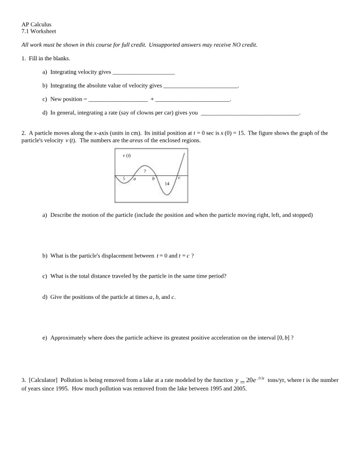 Calculus I - 7.1 Worksheet