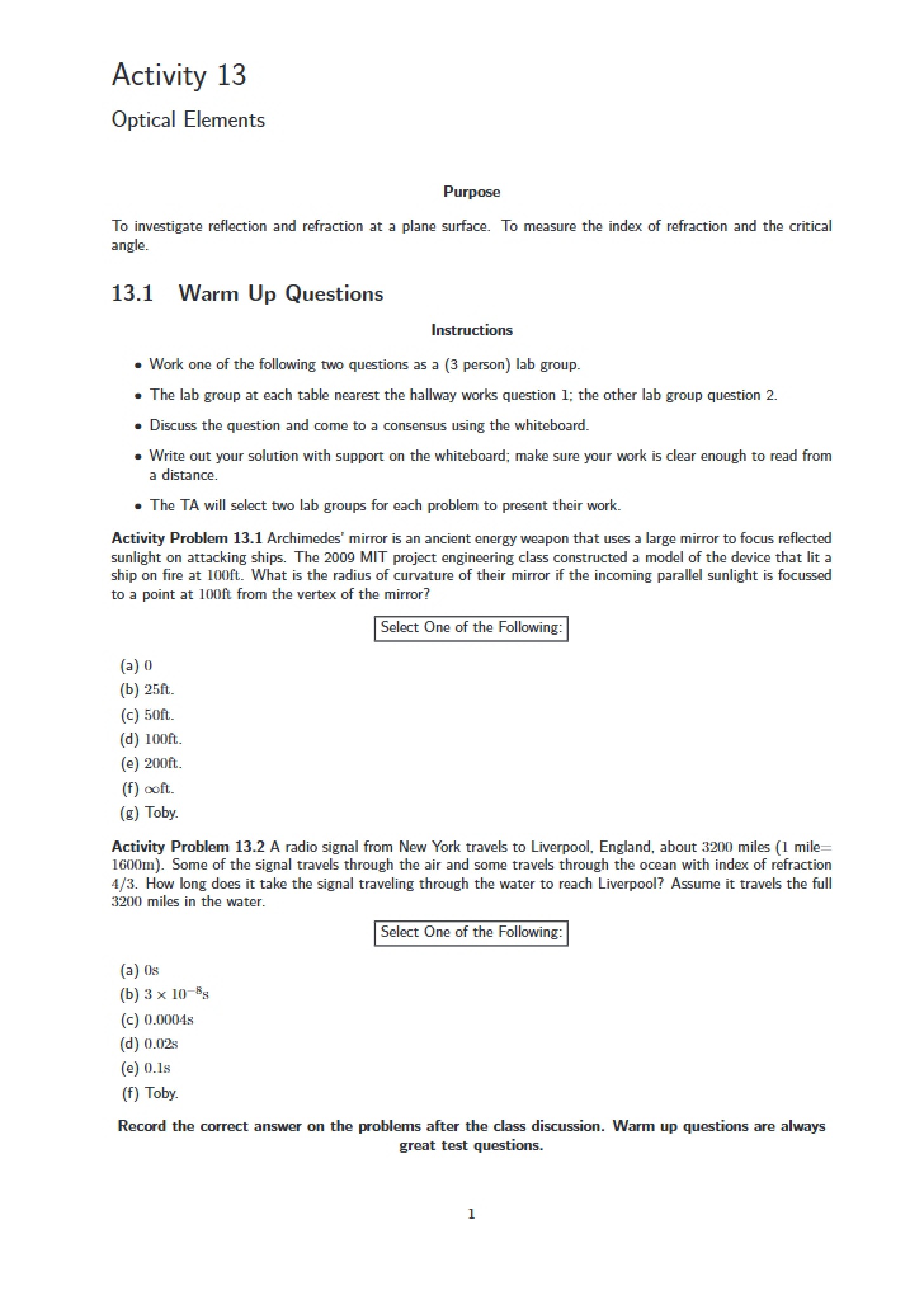 Optical Elements Activity 13