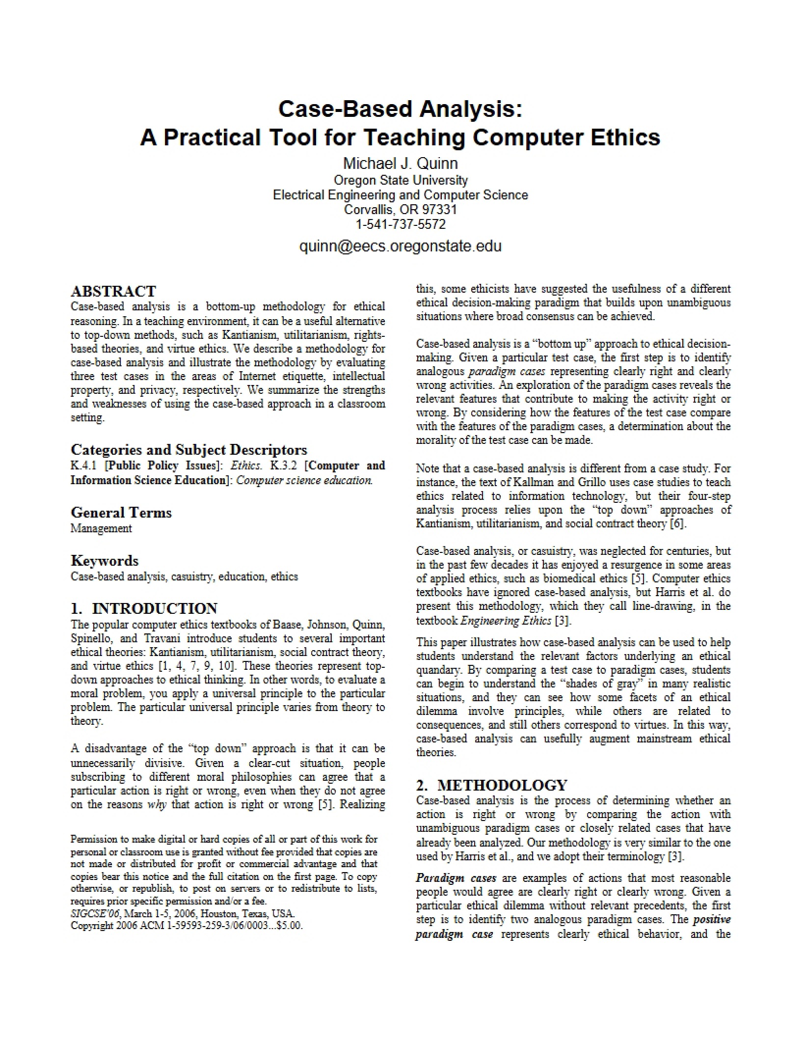 Teaching Computer Ethics via Case-Based Analysis