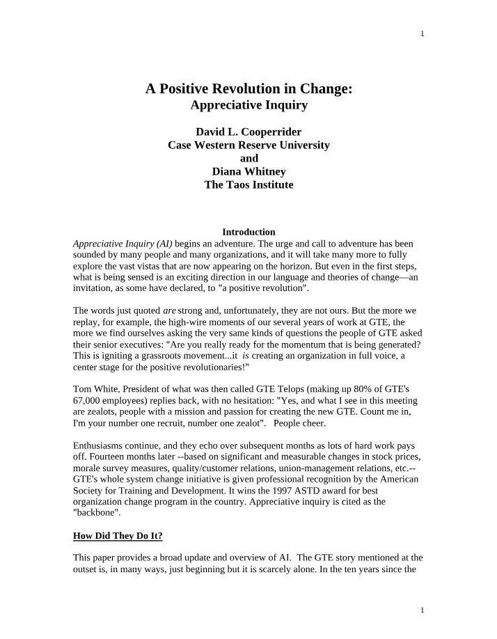Appreciative Inquiry - A Positive Revolution in Change