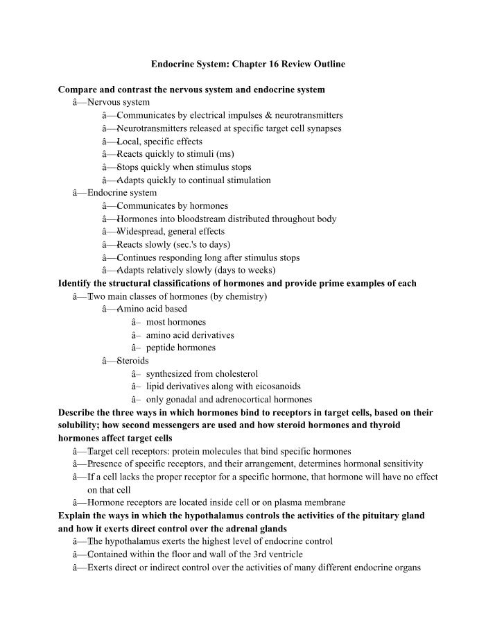 Review Outline for Blood and Endocrine System