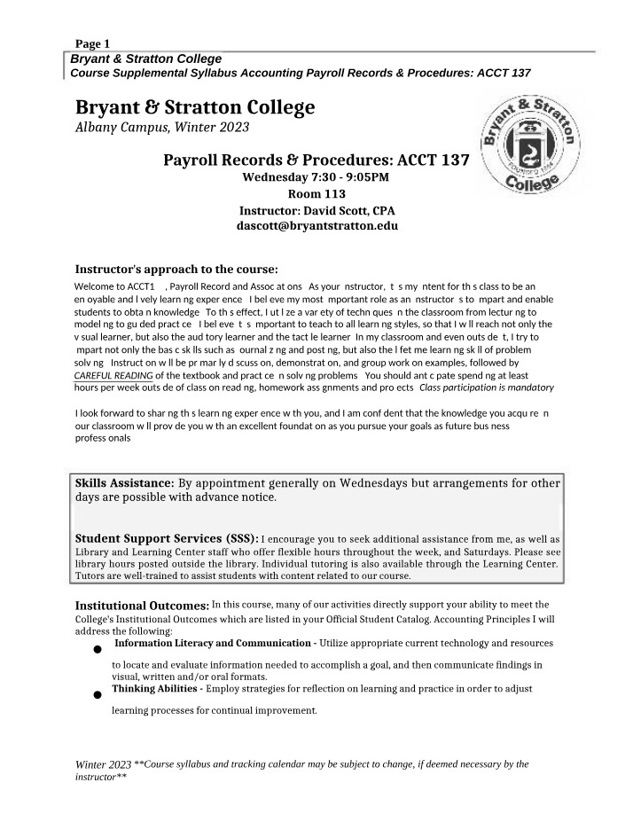 ACCT 137 Winter 2023 Supplementary Syllabus