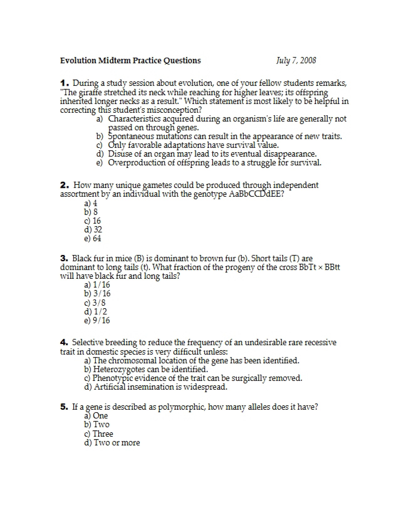 Practice Questions for Evolution Midterm