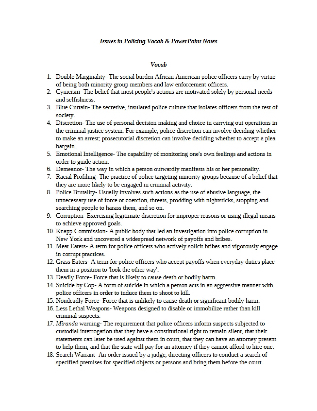 Policing Issues Notes and Vocabulary