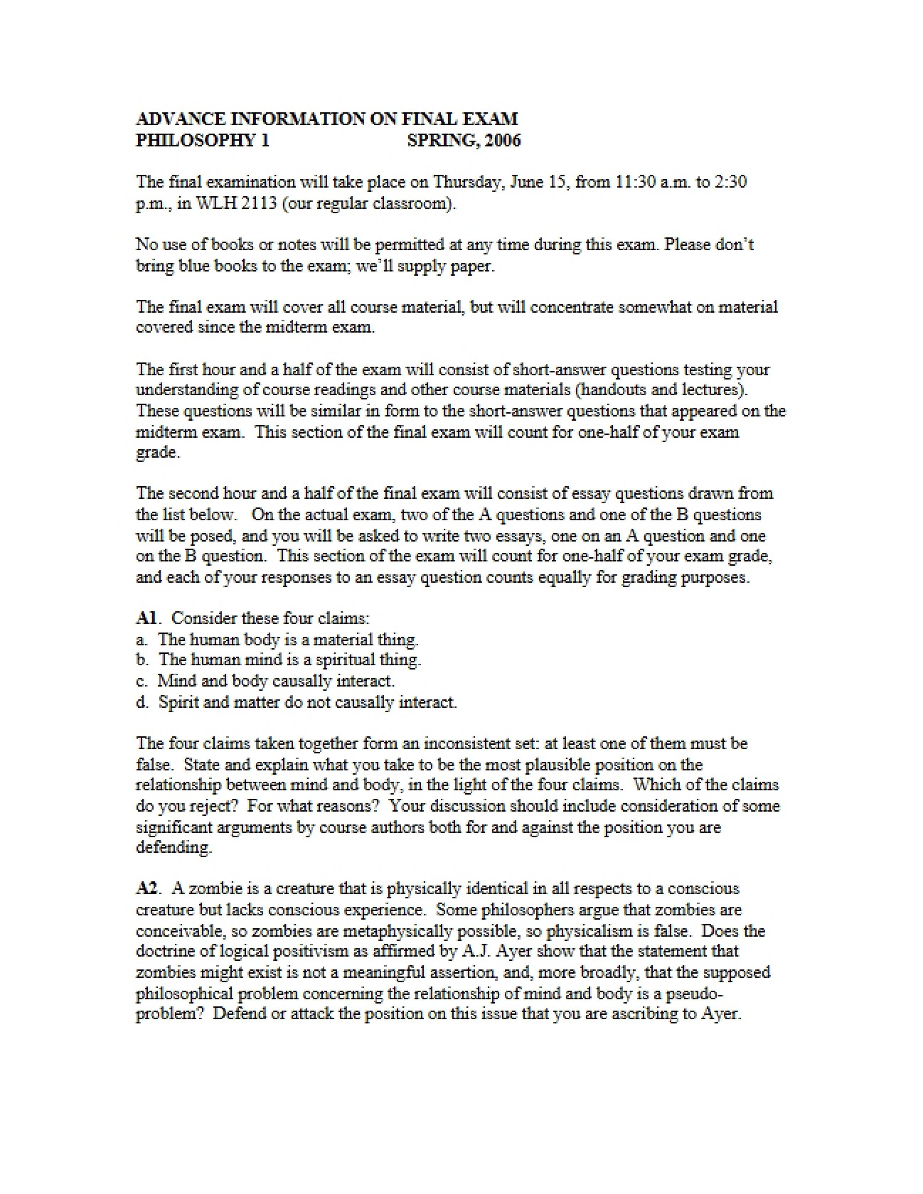Introductory Philosophy Final Examination