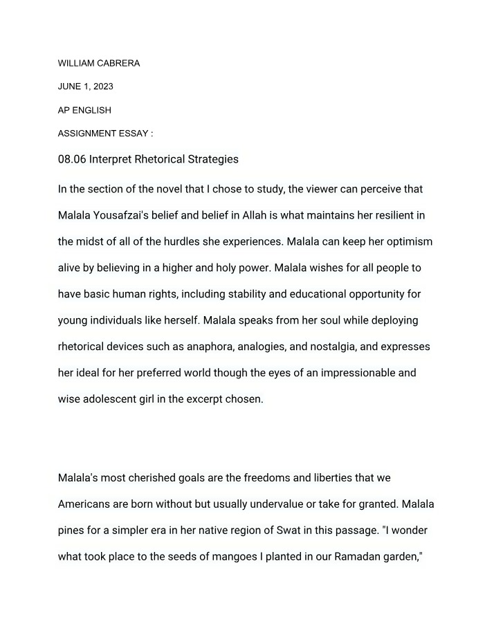 Rhetorical Strategies of Malala Yousafzai - Maintaining Resilience