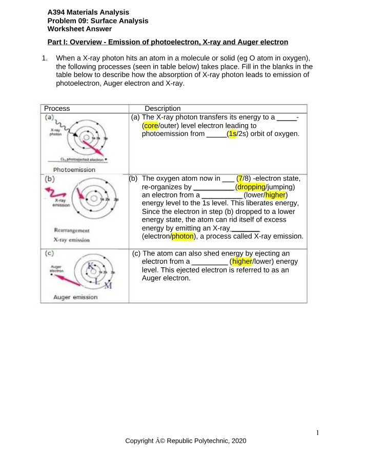X-ray and Auger Electron Surface Analysis Worksheet