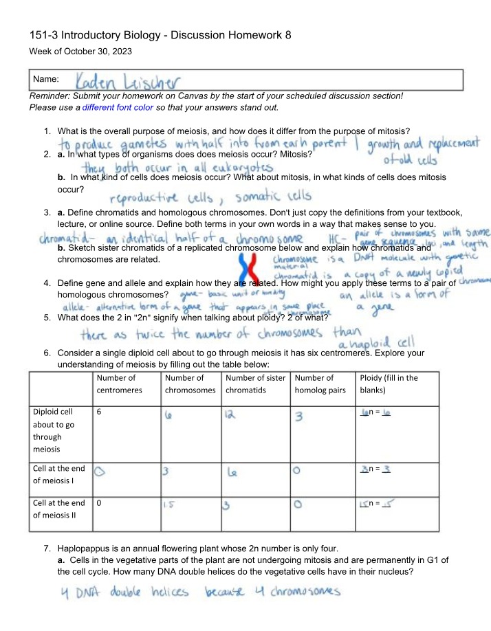 ZOOLOGY 151 - Introductory Biology Discussion Homework 8