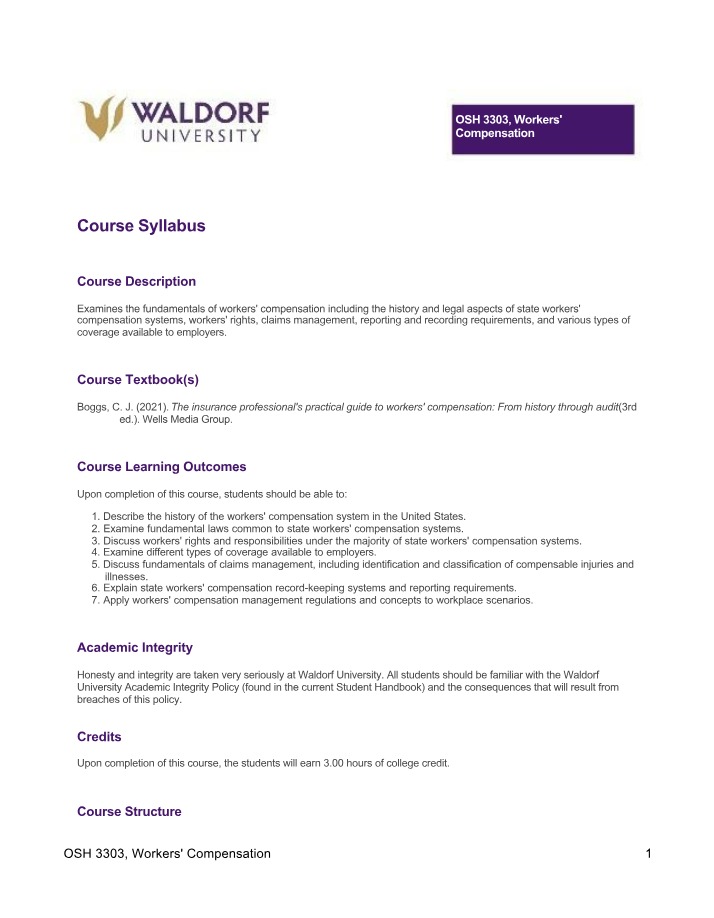 OSH 3303 Syllabus - Workers' Compensation
