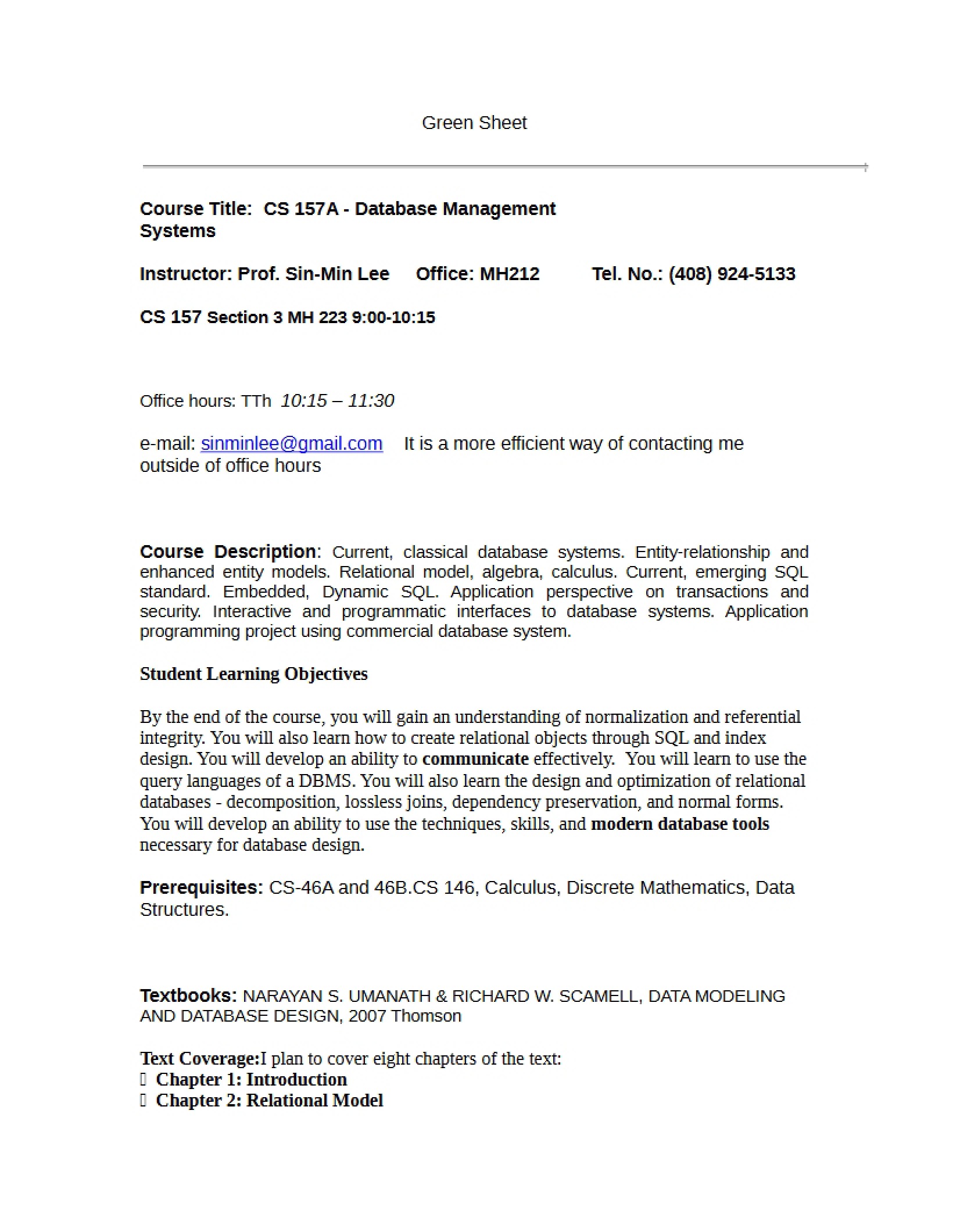 CS 157A Course Syllabus