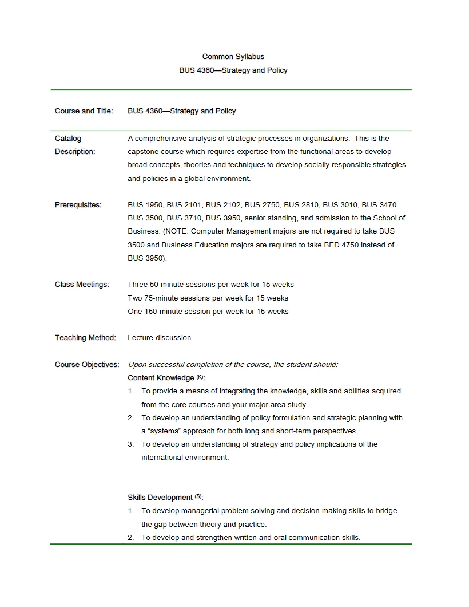 Course Syllabus for Business Strategy