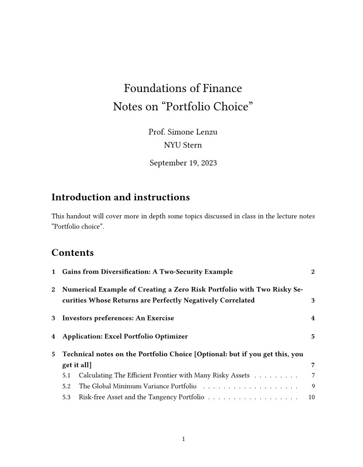 Portfolio Choice Notes