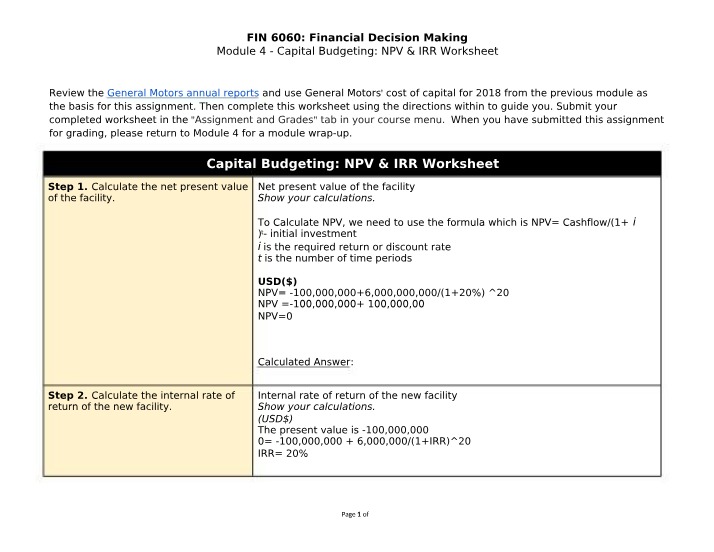 NPV and IRR Capital Budgeting for General Motors