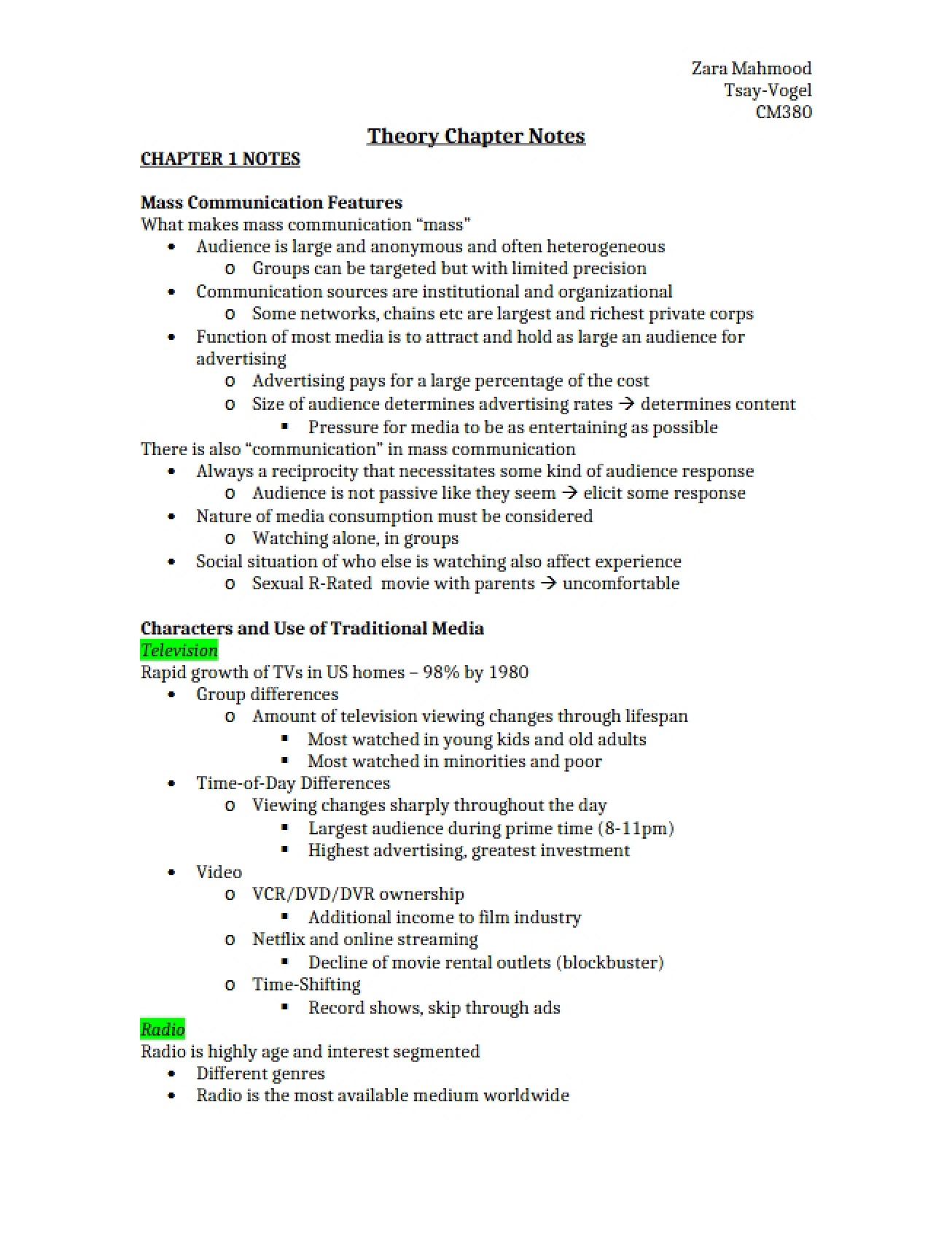 Key Features of Mass Communication from Chapter 1