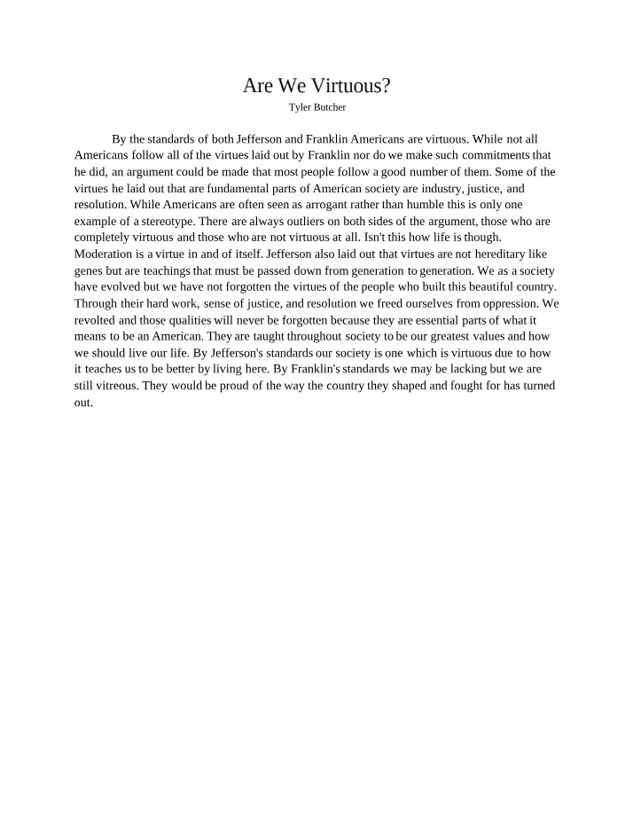 Virtue in American Society - Lessons from Jefferson