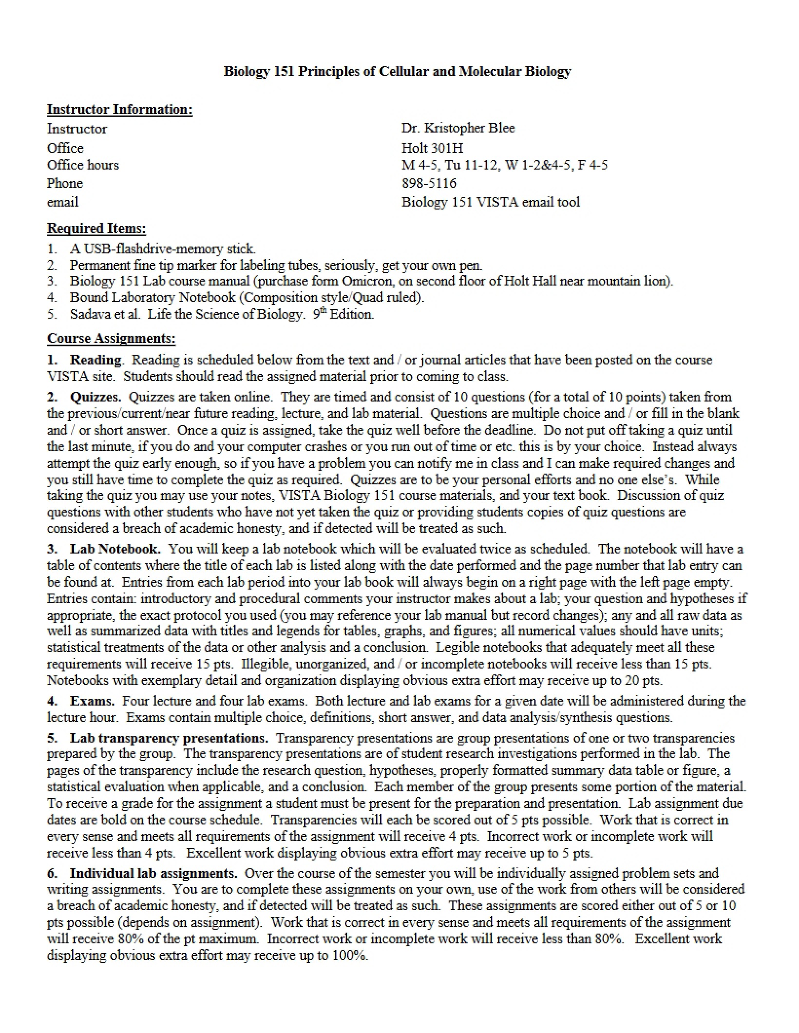 Cell and Molecular Biology Syllabus
