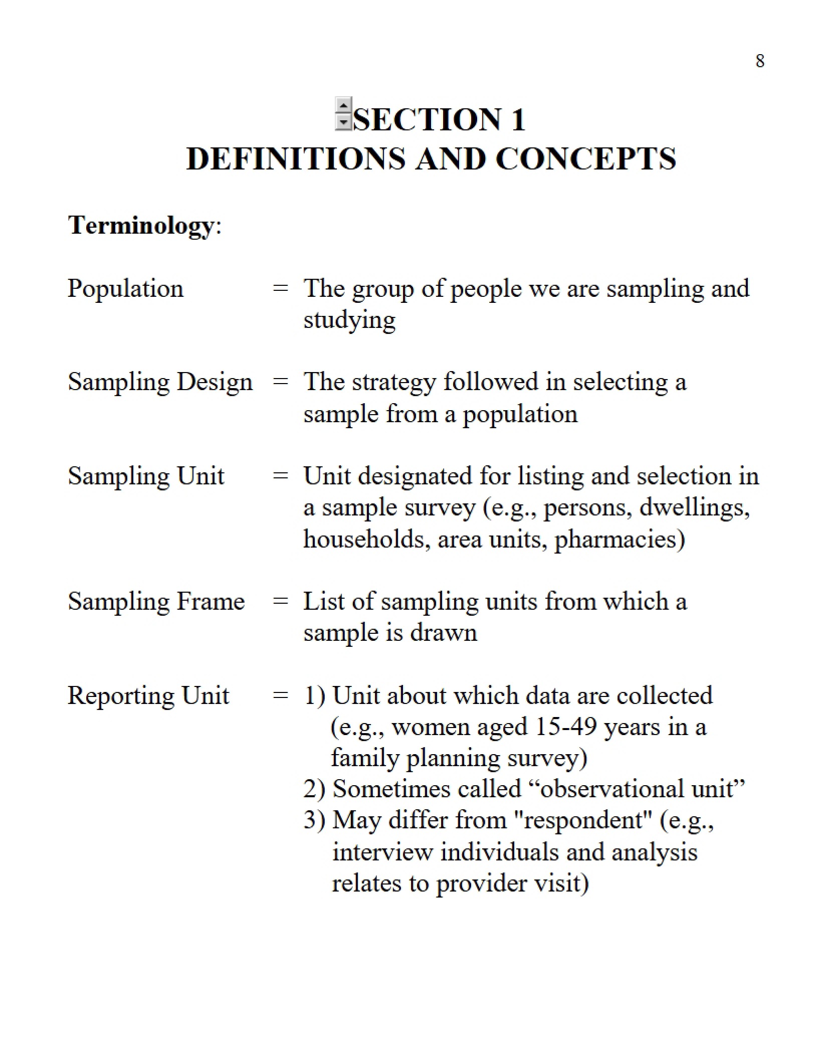 Concepts and Definitions for Section One