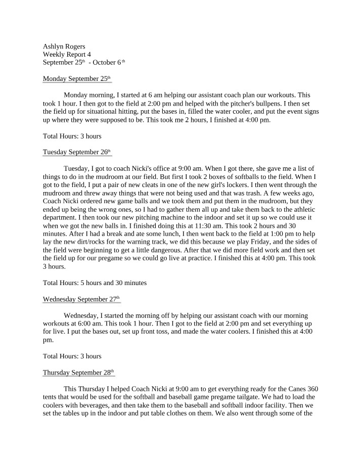 Weekly Report - Softball Field Maintenance and Coaching Duties