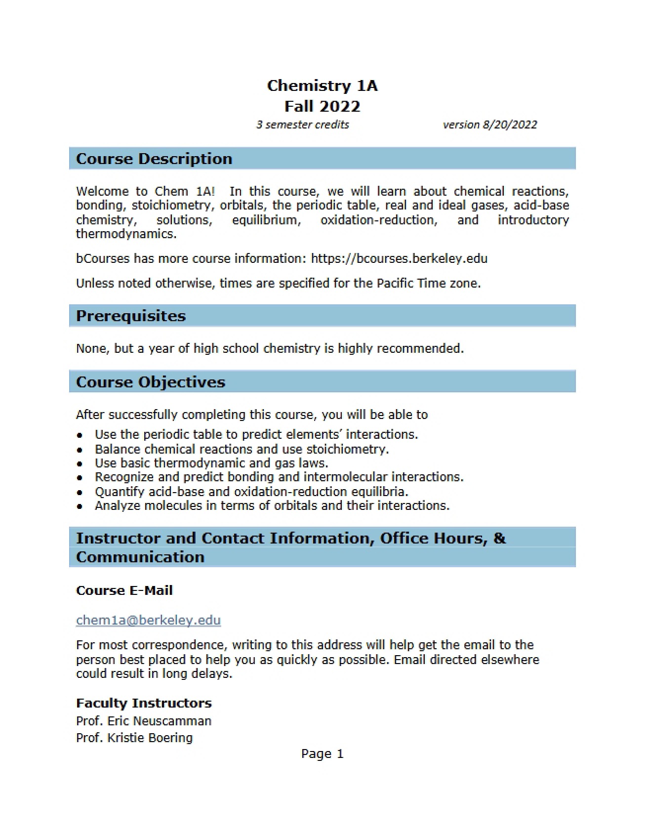 General Chemistry Course Syllabus