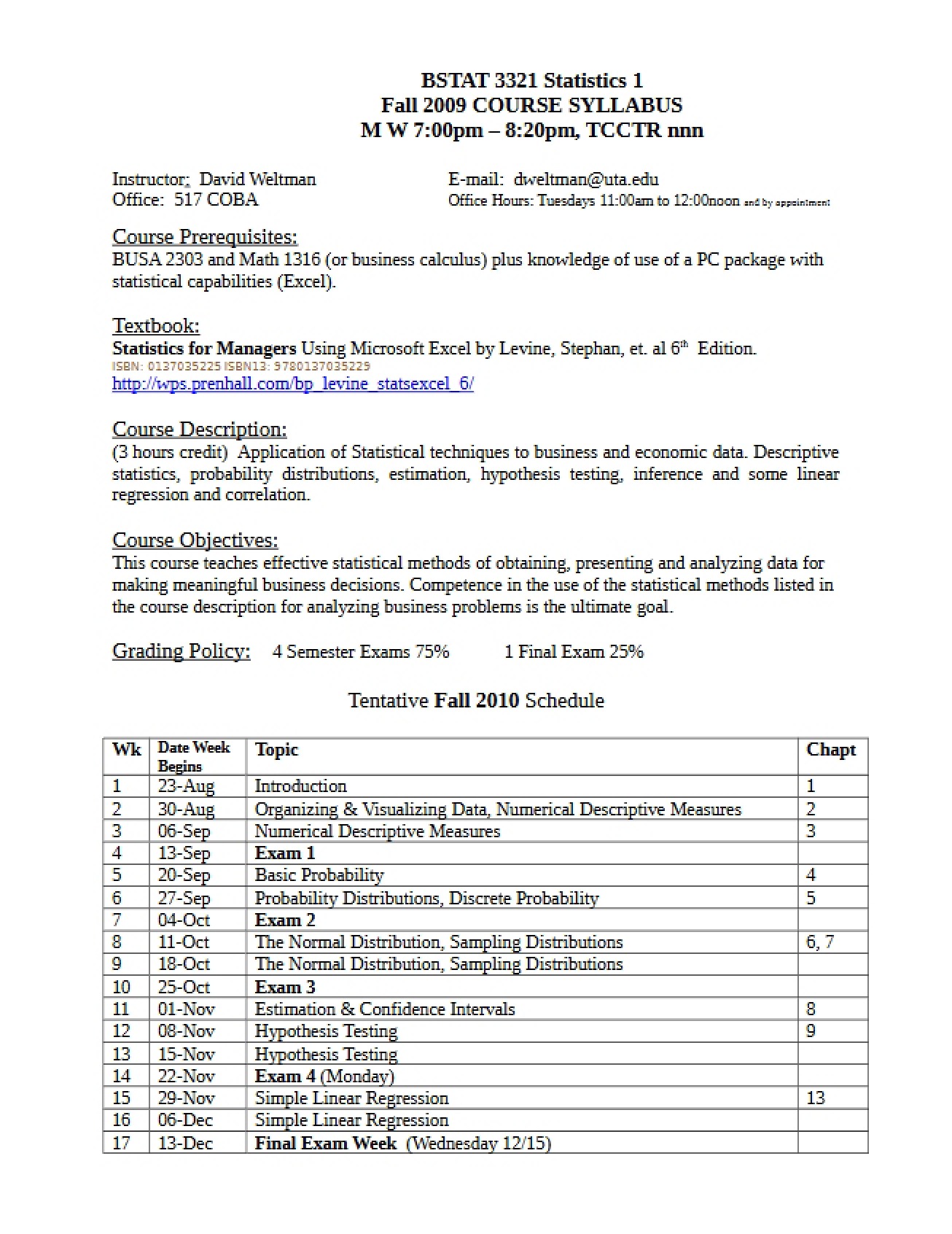 Syllabus Statistics One (BSTAT 3321)