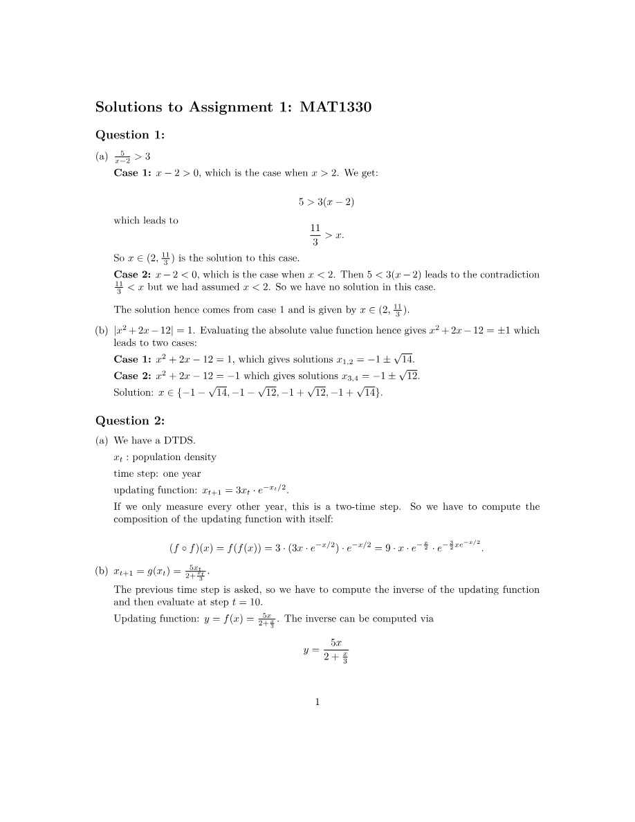 Assignment 1 Solutions (MAT1330)