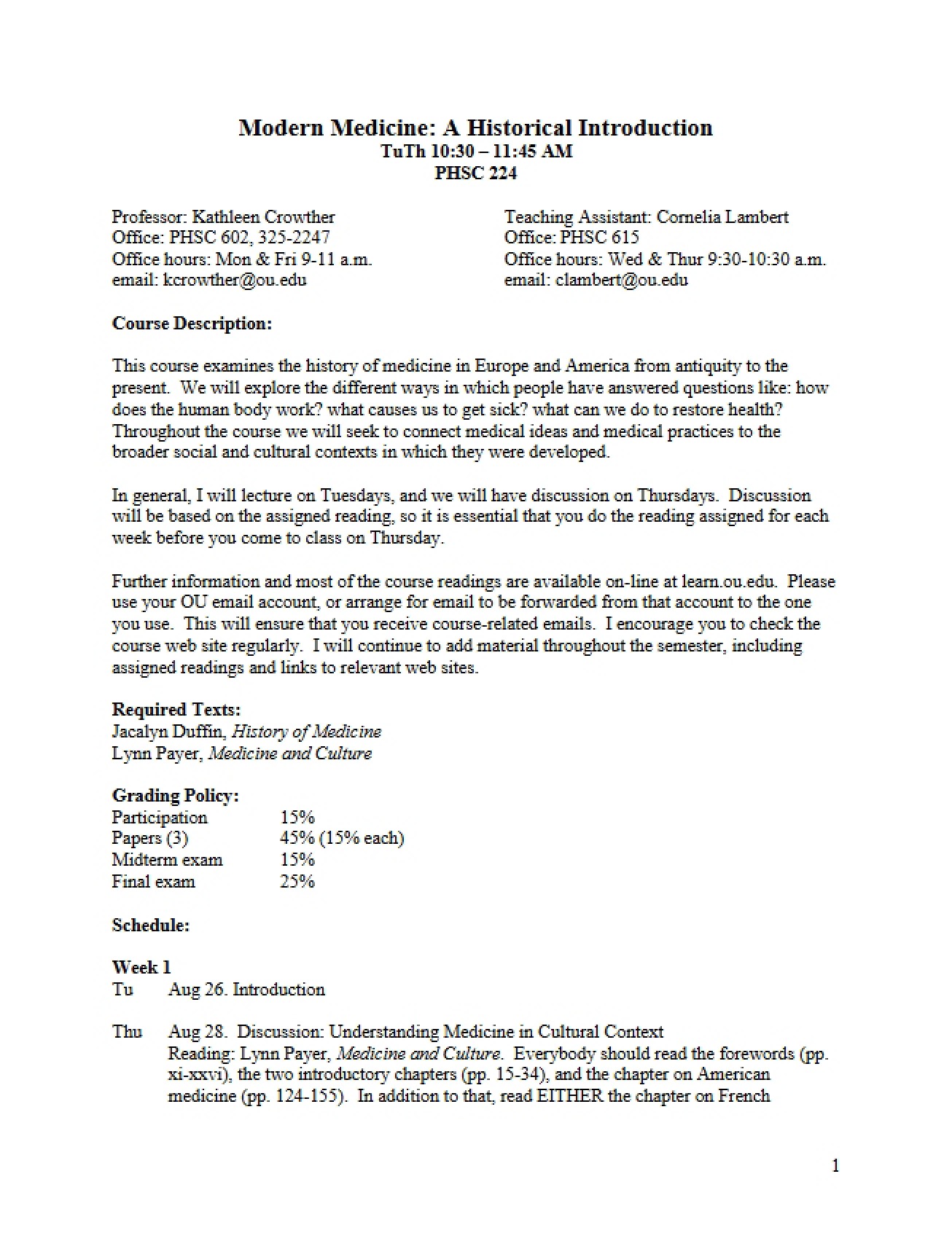 Modern Medicine History Syllabus
