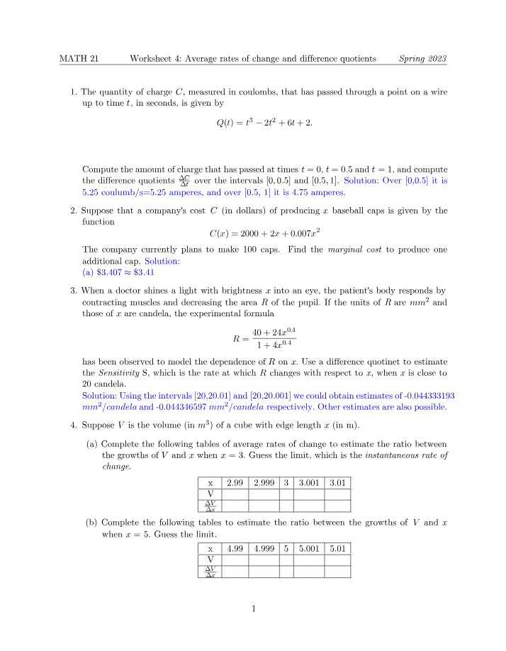 Answers for Math 21 Worksheet 4
