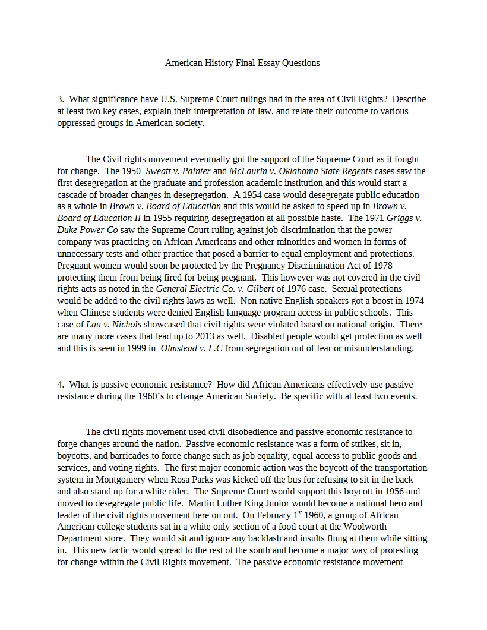 Final Essay Questions for American History