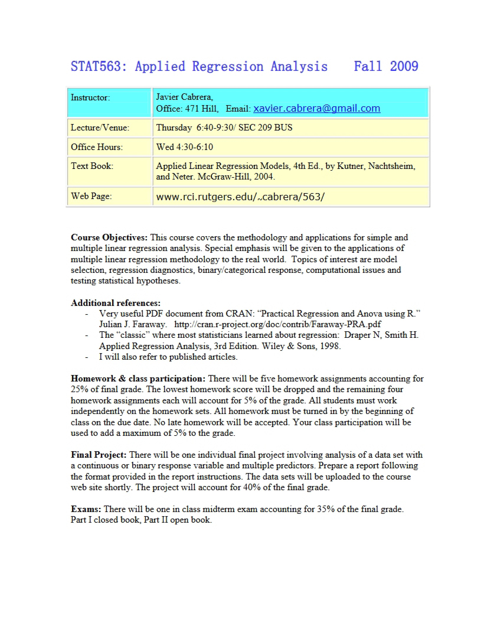 Regression Analysis Syllabus