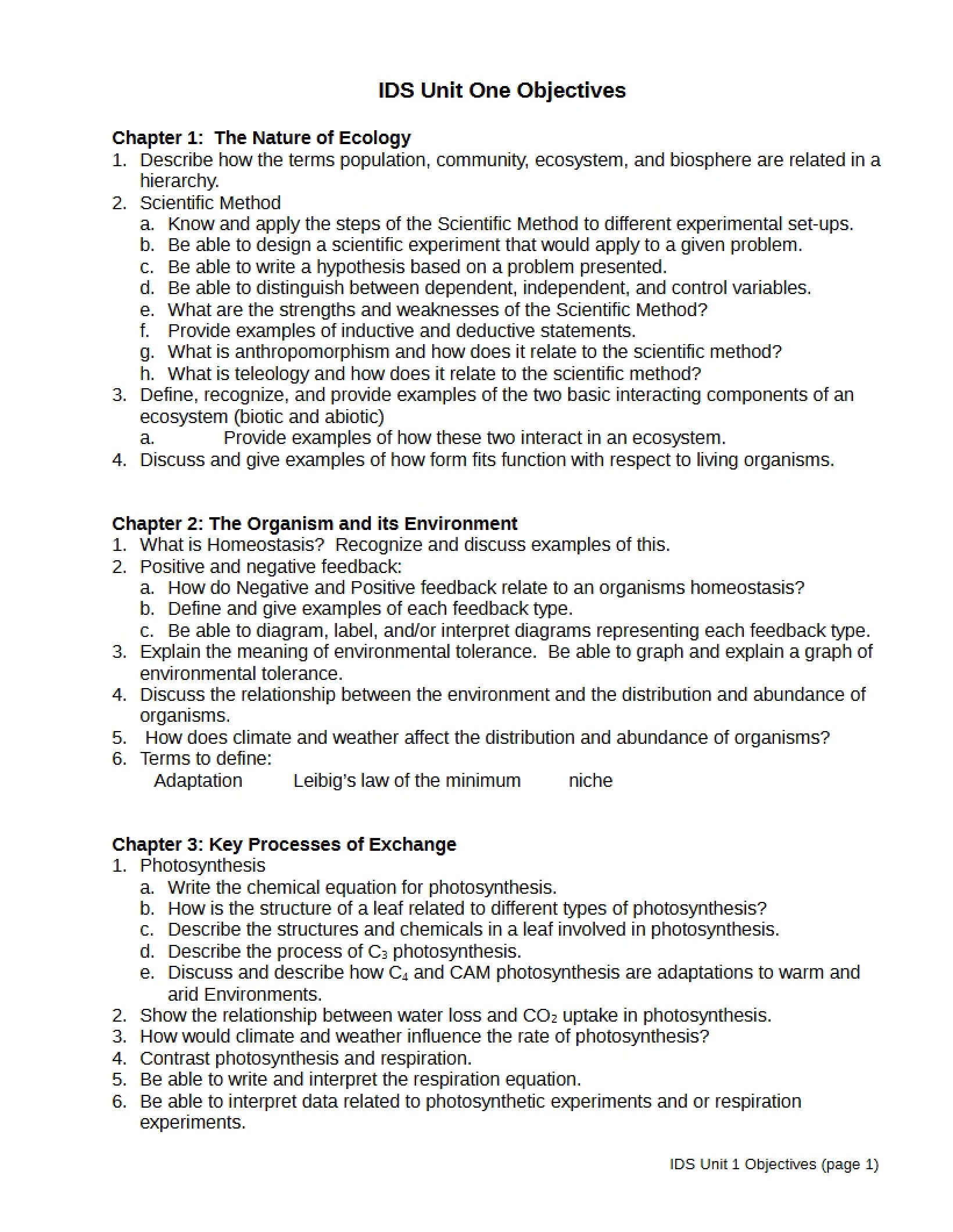 Objectives for Unit One