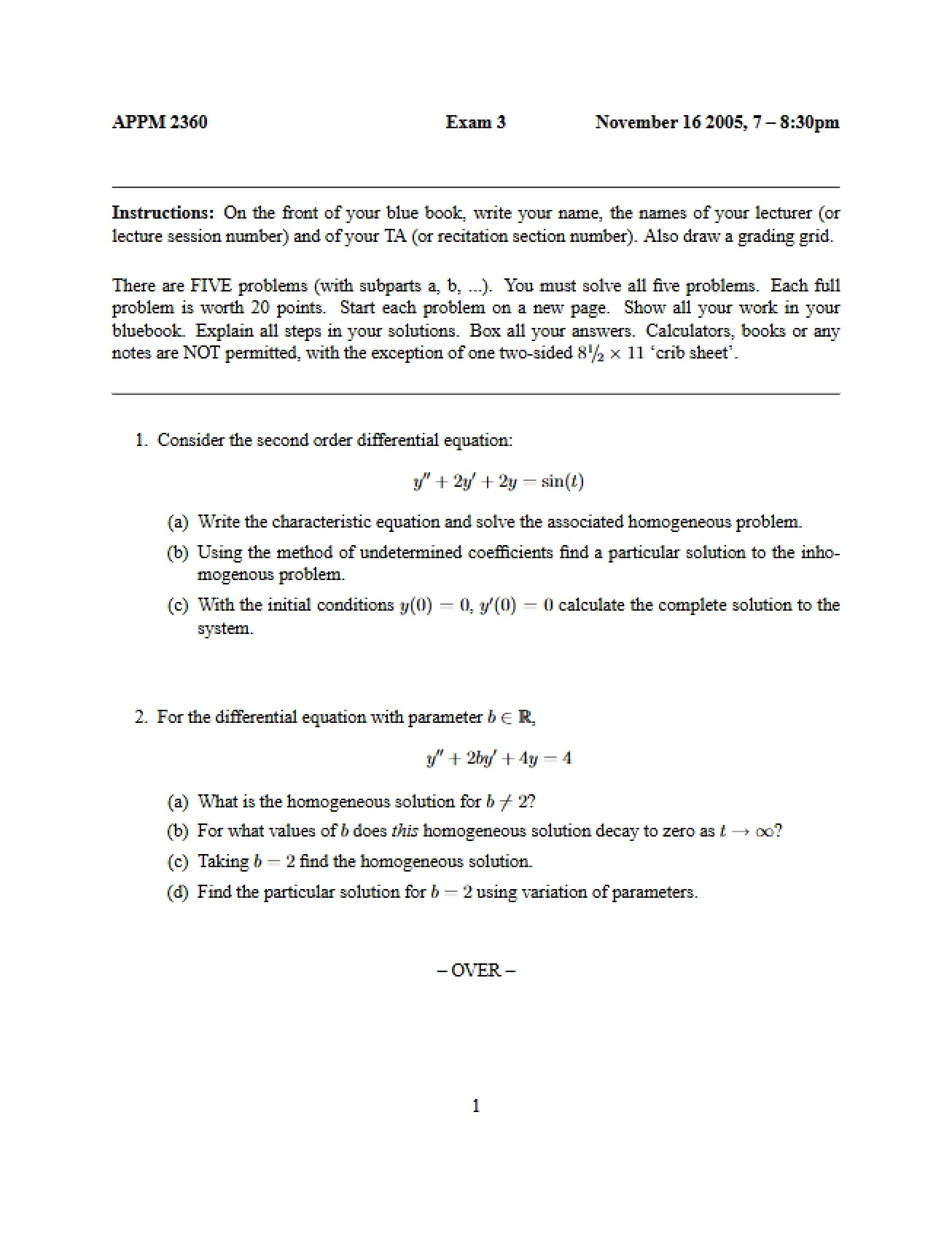 Exam on Differential Equations (3f)
