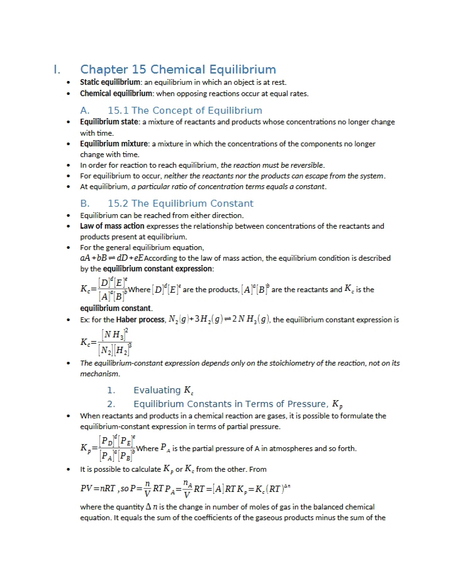 Equilibrium in Chemistry Chapter 15