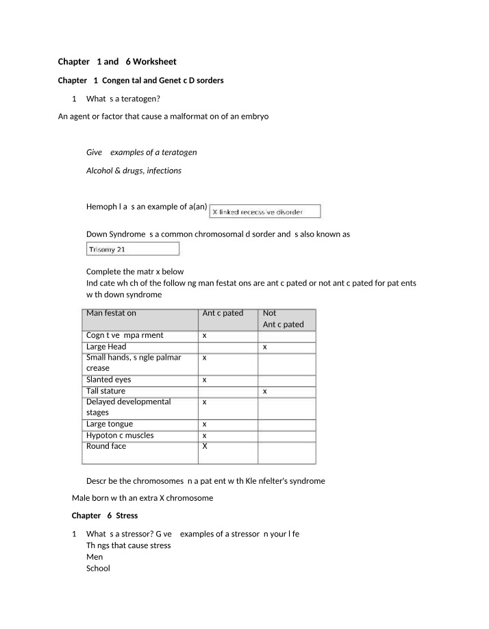 Worksheet on Congenital and Genetic Disorders and Stress