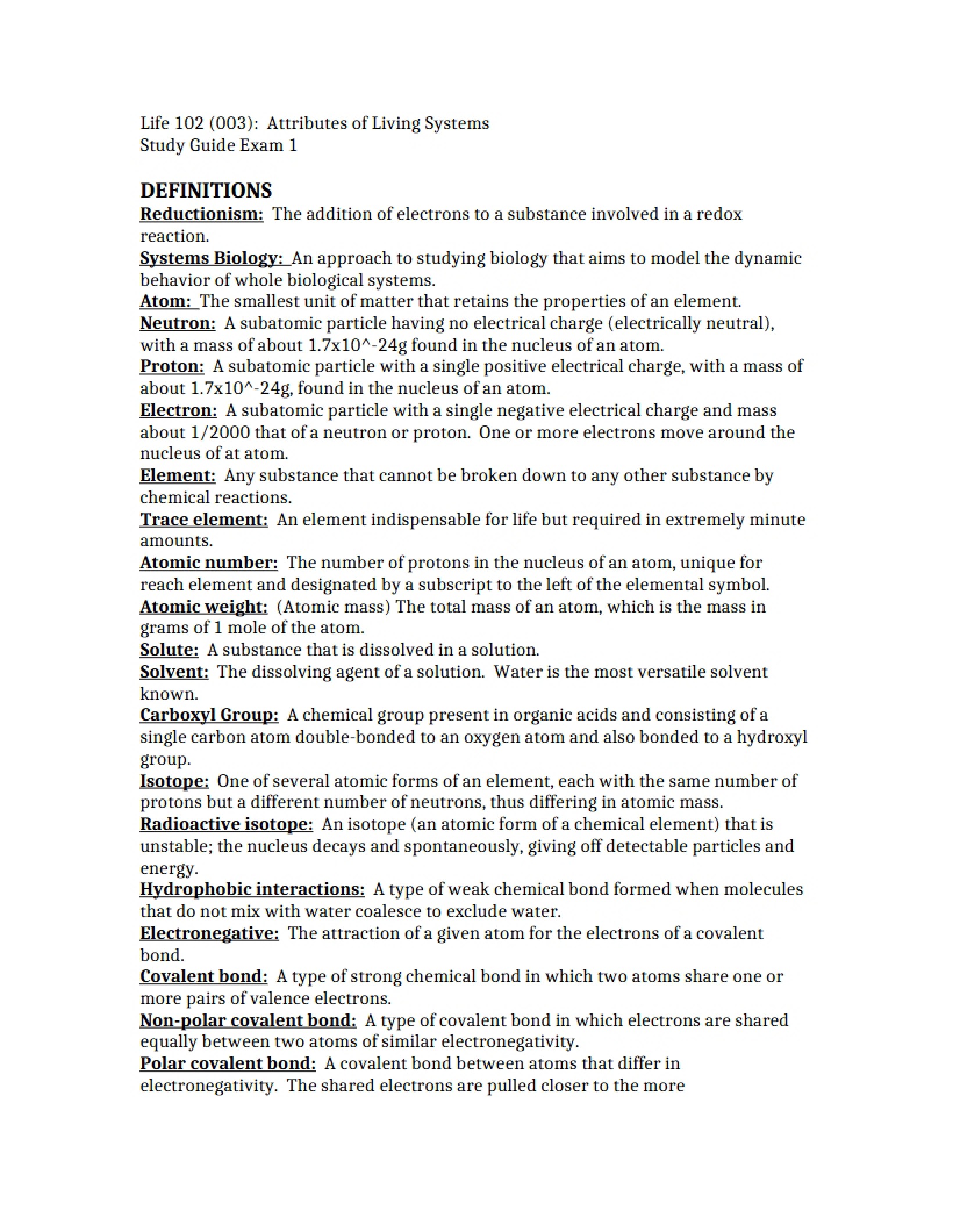 Exam 1 Study Guide (Living Systems)