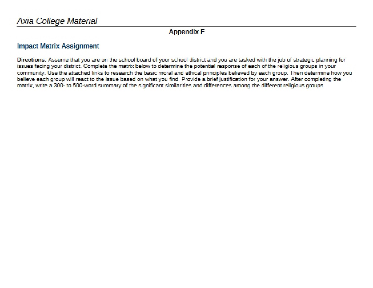 Assignment on the Impact Matrix
