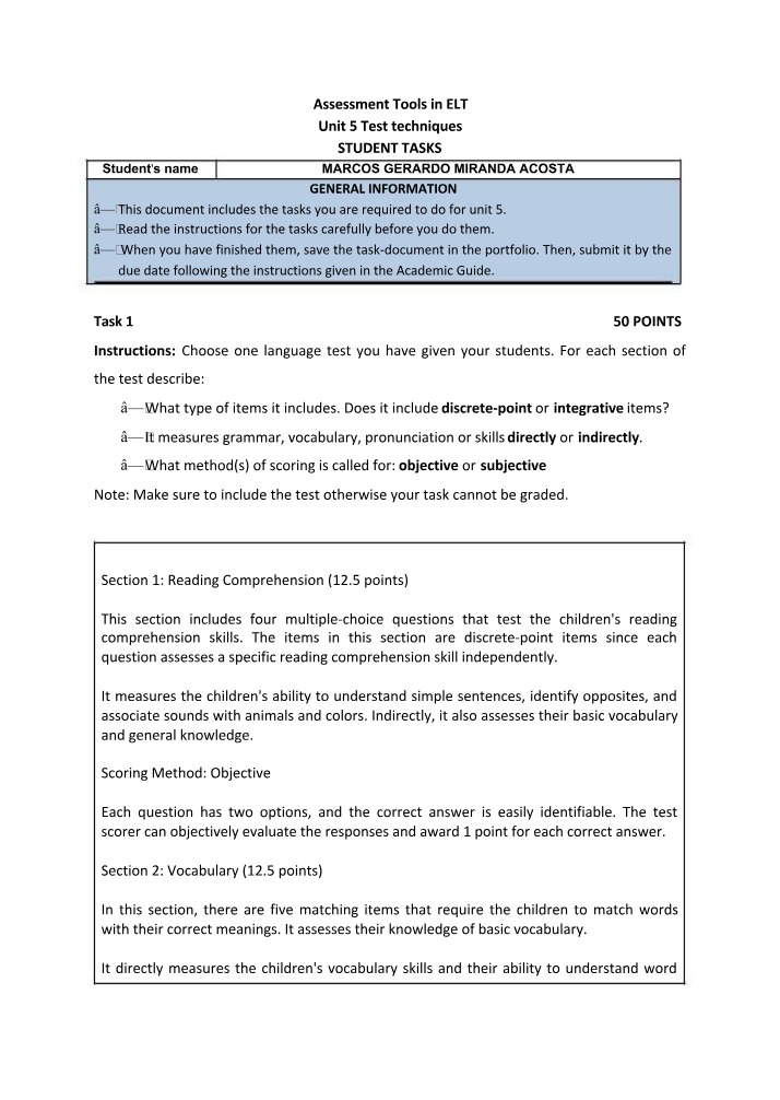 Assessment Tools in ELT - Unit 5 Test Techniques
