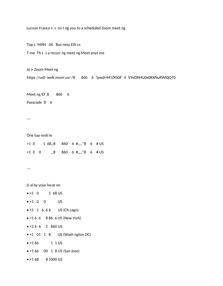 Business Ethics Zoom Meeting Details
