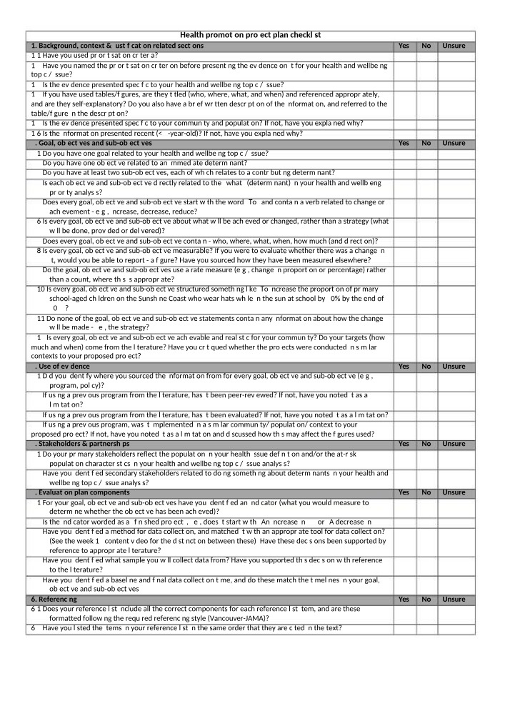 Checklist for Health Promotion Project Plan