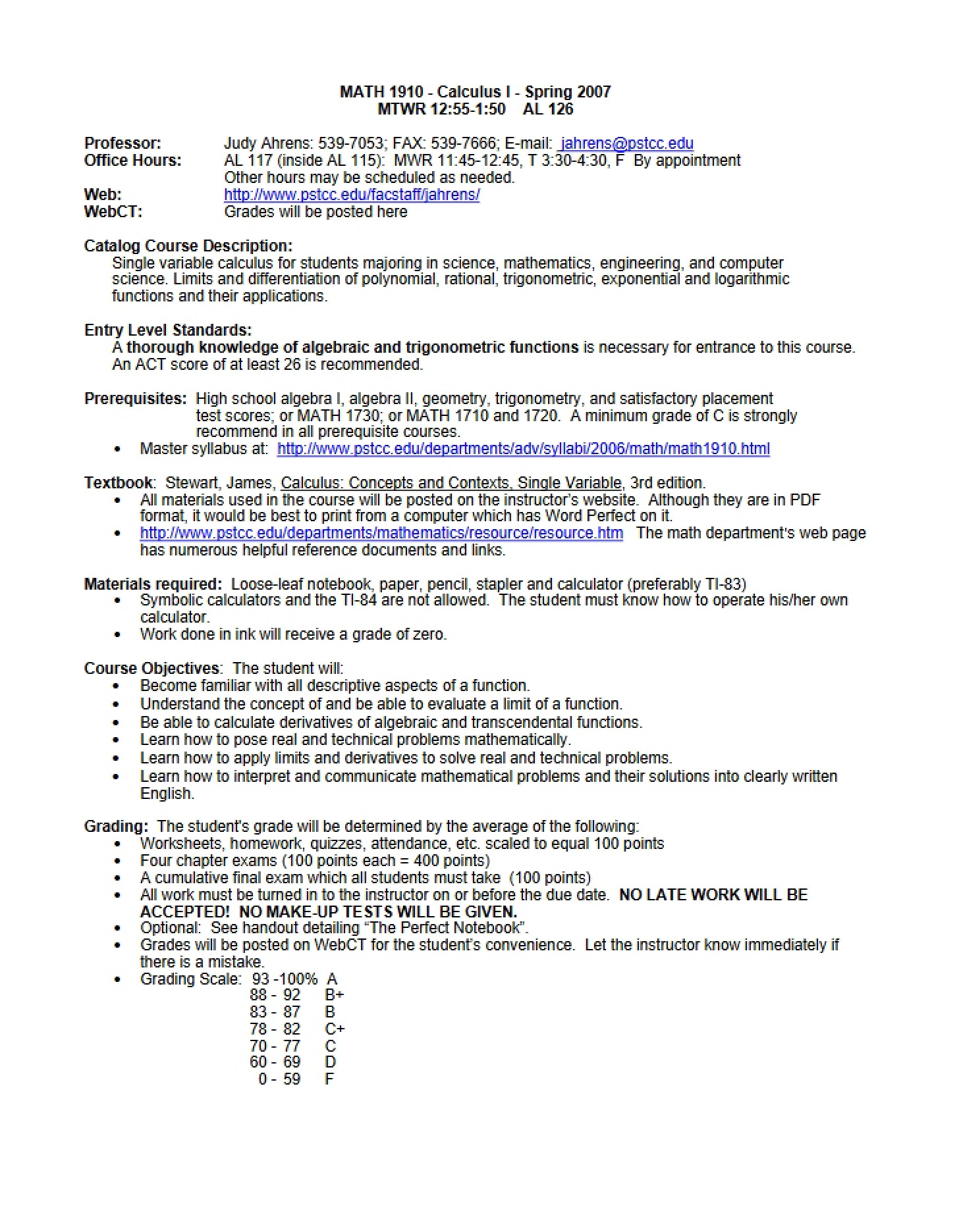 Syllabus for Calculus I