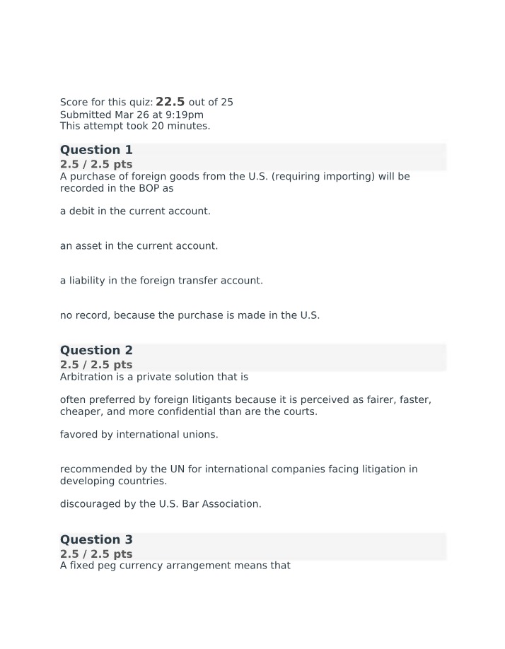 International Business Quiz - BOP, Arbitration, and Currency