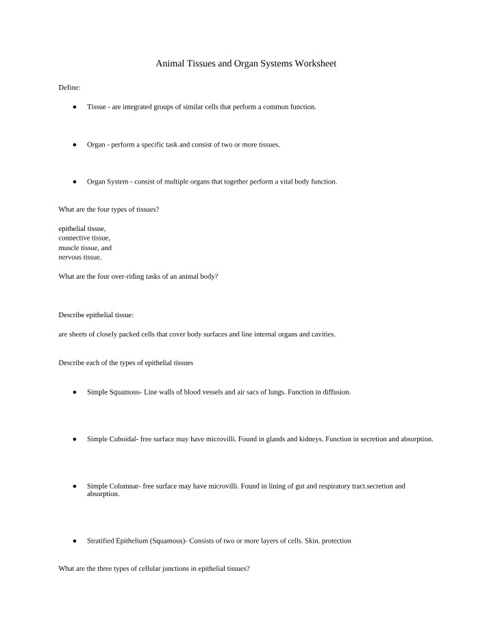 Worksheet on Animal Tissues and Organ Systems