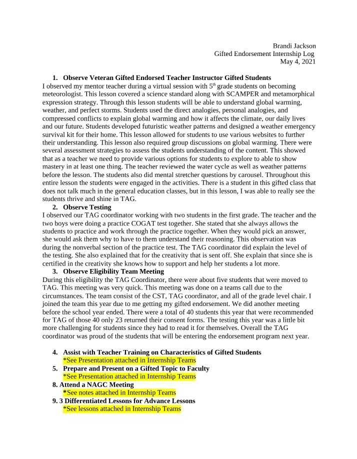 Internship Log for Gifted Endorsement