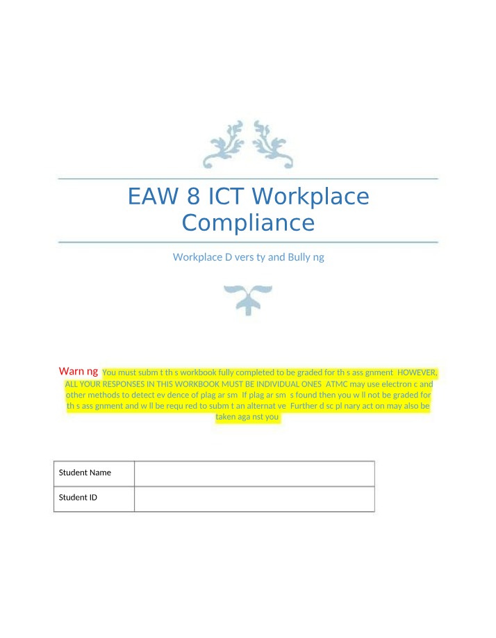 Workplace Diversity and Bullying - EAW 8 ICT Workplace Compliance