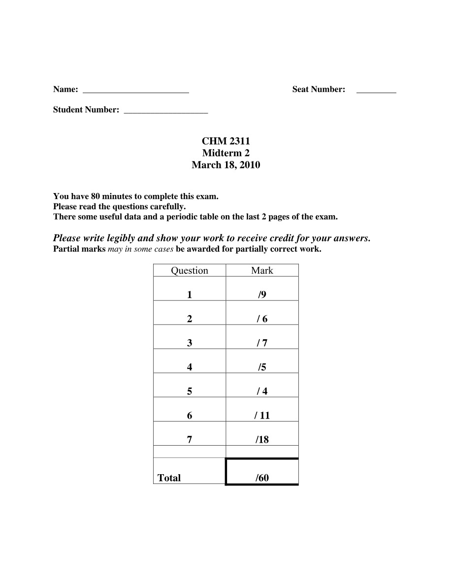 Midterm 2 of CHM 2311 (March 18, 2010)