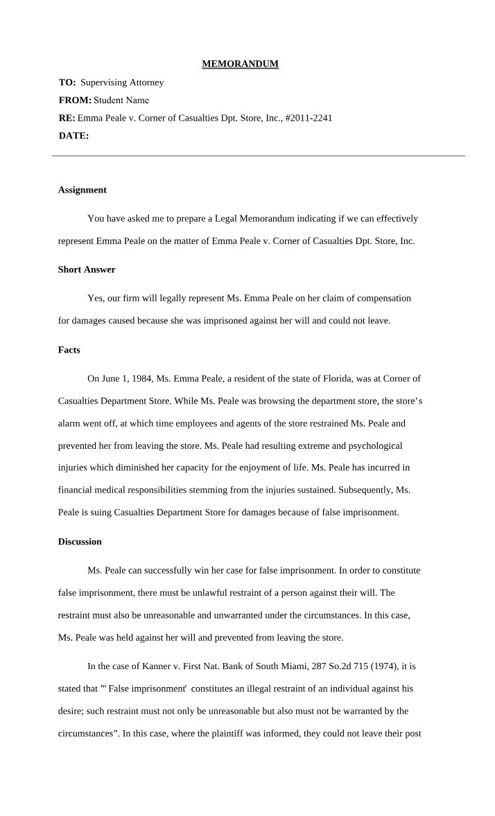 Case Brief - Emma Peale v. Corner of Casualties