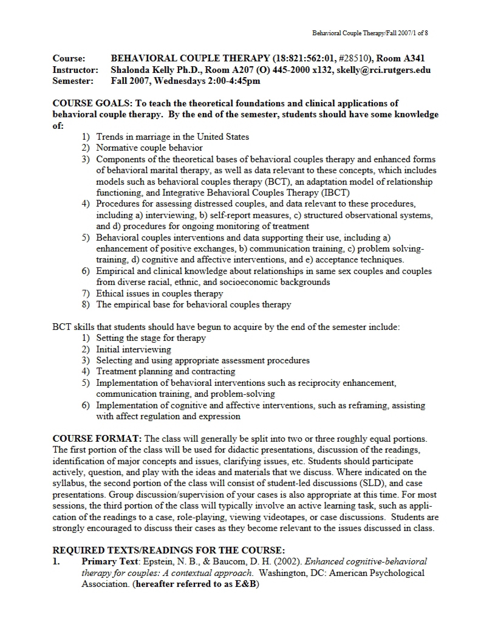 Fall 2007 Syllabus Kelly Behavioral Couples Therapy